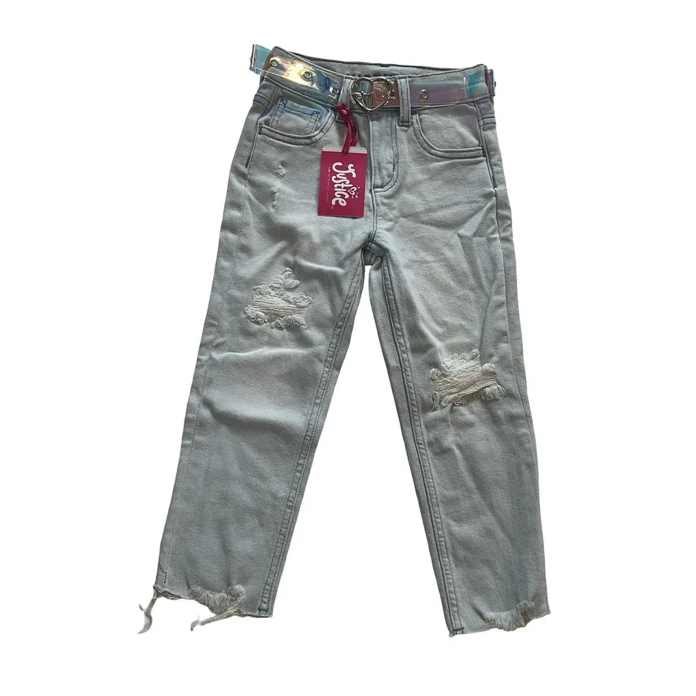 NWT Justice Girls Size 6 Mini Mom Jean Light Wash with Belt Rough Hem Distressed